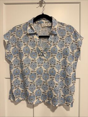 Rachel Zoe Light Blue Floral Linen-Blend Collared Short Sleeve Top